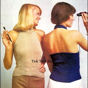 May include: Two women wearing halter tops. The woman on the left is wearing a gold halter top and brown trousers. The woman on the right is wearing a blue halter top and white trousers. The text "Tick Tock Knits" is visible in the image.