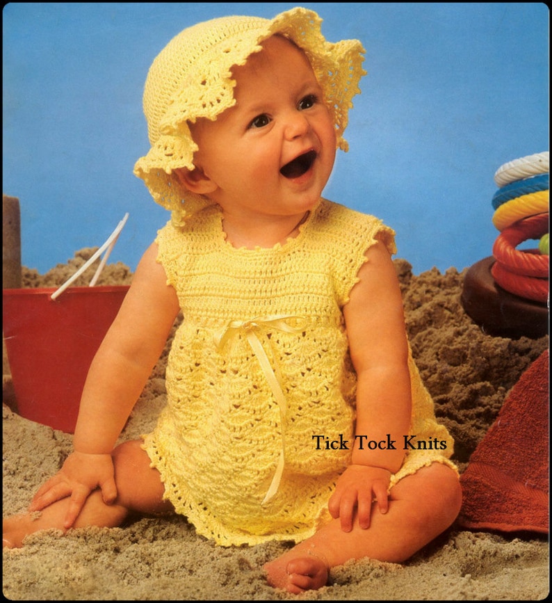 No.343 Baby Crochet Pattern PDF Vintage Girl's Dress & Sun Hat Size 3, 6, 12 months Baby Dress Crochet Pattern image 1