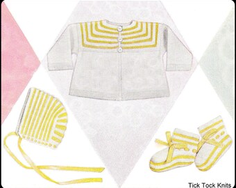 No.155 PDF Vintage Knitting Pattern Baby's Lemon Twist Set - Cardigan, Bonnet, Blanket & Bootees- Newborn to 6 Months - Instant Download