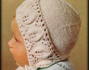 No.348 Baby Bonnet Knitting Pattern PDF Vintage - Leaf Lace Bonnet - Size Newborn to 6 months - 1960's Retro Baby Knitting Pattern
