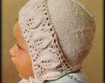 Patrón de tejido para gorro de bebé n.º 348 en PDF, estilo vintage: gorro con encaje de hojas, talla de recién nacido a 6 meses, patrón de tejido retro para bebé de los años 60.