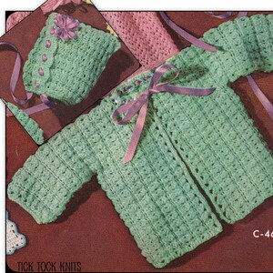 No.113 PDF Vintage Crochet Pattern Baby's Lunching Out Set Cardigan & Ribbon Trimmed Bonnet Size 6 12 Months Instant Download image 1