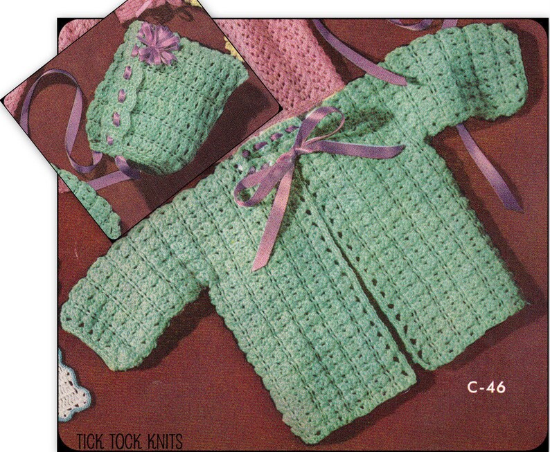 No.113 PDF Vintage Crochet Pattern Baby's Lunching Out Set Cardigan & Ribbon Trimmed Bonnet Size 6 12 Months Instant Download image 1