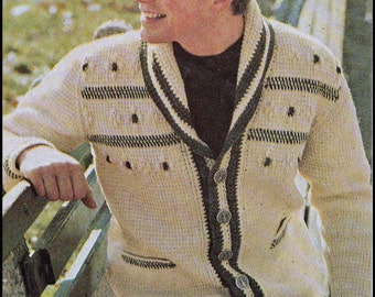 No.213 Men's Crochet Pattern PDF Vintage Afghan Stitch Shawl Collar Cardigan - 1970's Retro Crochet Pattern - Sizes 36" - 46"