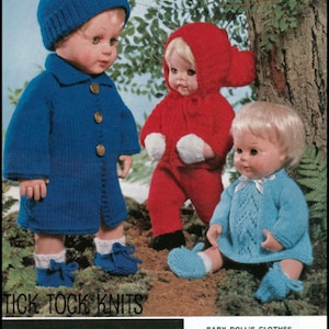 May include: A knitting pattern for baby doll clothes. The pattern is for three sizes of dolls: 12, 14, and 16 inches. The pattern is for a blue coat, a red hooded coat, and a blue dress. The pattern is from Ladyship Wools.