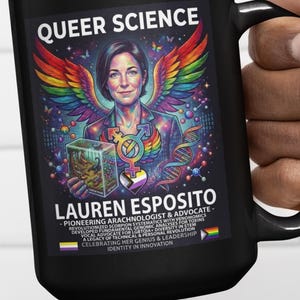 Peut inclure: Mug en céramique noire avec l'inscription "QUEER SCIENCE" et un portrait coloré d'une femme avec des ailes arc-en-ciel. Le mug affiche également le nom "LAUREN ESPOSITO" et du texte sur ses réalisations.