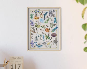 Alphabet Print, Framed Nursery Wall Art, Montessori Kids Decor, Moon Meadow Collection