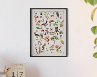 Póster del alfabeto enmarcado, animales de la naturaleza, decoración Montessori para guardería (Colección Luna y Pradera)