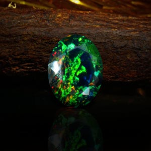 May include: An oval-shaped black opal gemstone featuring a faceted surface with vibrant flashes of neon green, deep blue, and small specks of red. The stone displays a high-gloss finish that reflects light, showcasing a complex play of color.