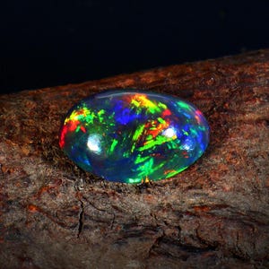 May include: A polished, oval-shaped black opal gemstone. The opal displays vibrant internal colors including red, green, blue, and yellow. The gemstone is set against a dark background, highlighting its iridescent qualities.