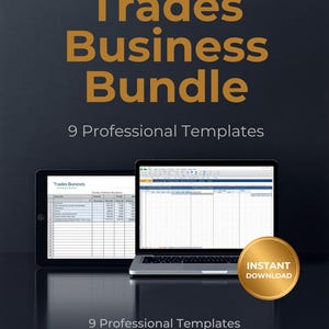 Pode incluir: Um pacote de produtos digitais intitulado "Trades Business Bundle" com o texto "9 Professional Templates". A imagem mostra um laptop e um tablet exibindo modelos de planilhas, com um selo dourado "Instant Download".