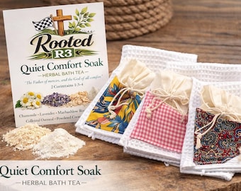 Quiet Comfort Kräuterbad Soak Badetee kommt mit wiederverwendbaren Waschlappen mit handgenähter Vintage Tasche