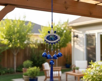 Blue Wind Chime The Blue Eye Evil Eye Decor Outdoor, Blue Eye Wind Chime Metal Bells, Large Wind Chime Garden Patio Balcony Protection Gift