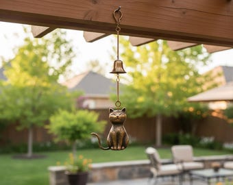 Campanillas de viento metálicas para exteriores con diseño de gato, campanillas de viento para exteriores con diseño de gato, campanillas de viento vintage de bronce con forma de gatito, pequeña campana colgante decorativa para jardín, regalo para amantes de los gatos