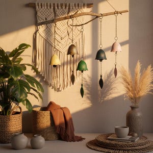 May include: A decorative wind chime featuring six bell-shaped chimes in various colors, suspended from a natural wooden branch. The chimes are in yellow, green, dark blue, and pink. The background includes a macrame wall hanging and potted plants.