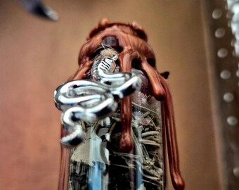 May include: A clear glass jar filled with dried herbs, topped with a silver snake and a dark brown, wax-like substance. The jar is set against a blurred, warm-toned background, creating a mystical aesthetic.