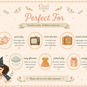 Może przedstawiać: Kapryśna ilustracja z tekstem "Perfect For" i "Timeless play. Endless memories." Przedstawia czajniczek, telewizor, walizkę, sukienkę, pudełko z prezentem i dziewczynkę z r&oacute;żdżką. Obraz promuje cichą zabawę, zabawę bez ekranu, zajęcia podr&oacute;żnicze, deszczowe popołudnia, zabawę w udawanie i nostalgiczne obdarowywanie prezentami.