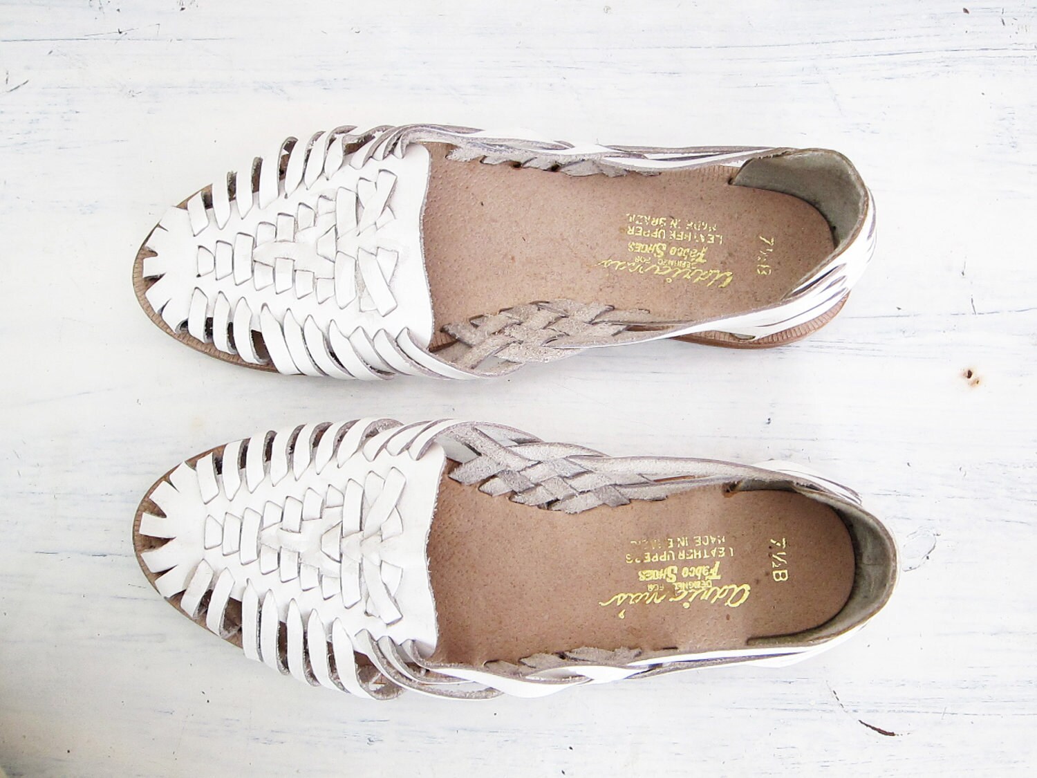 Vintage White Leather Woven Flat Sandals Etsy