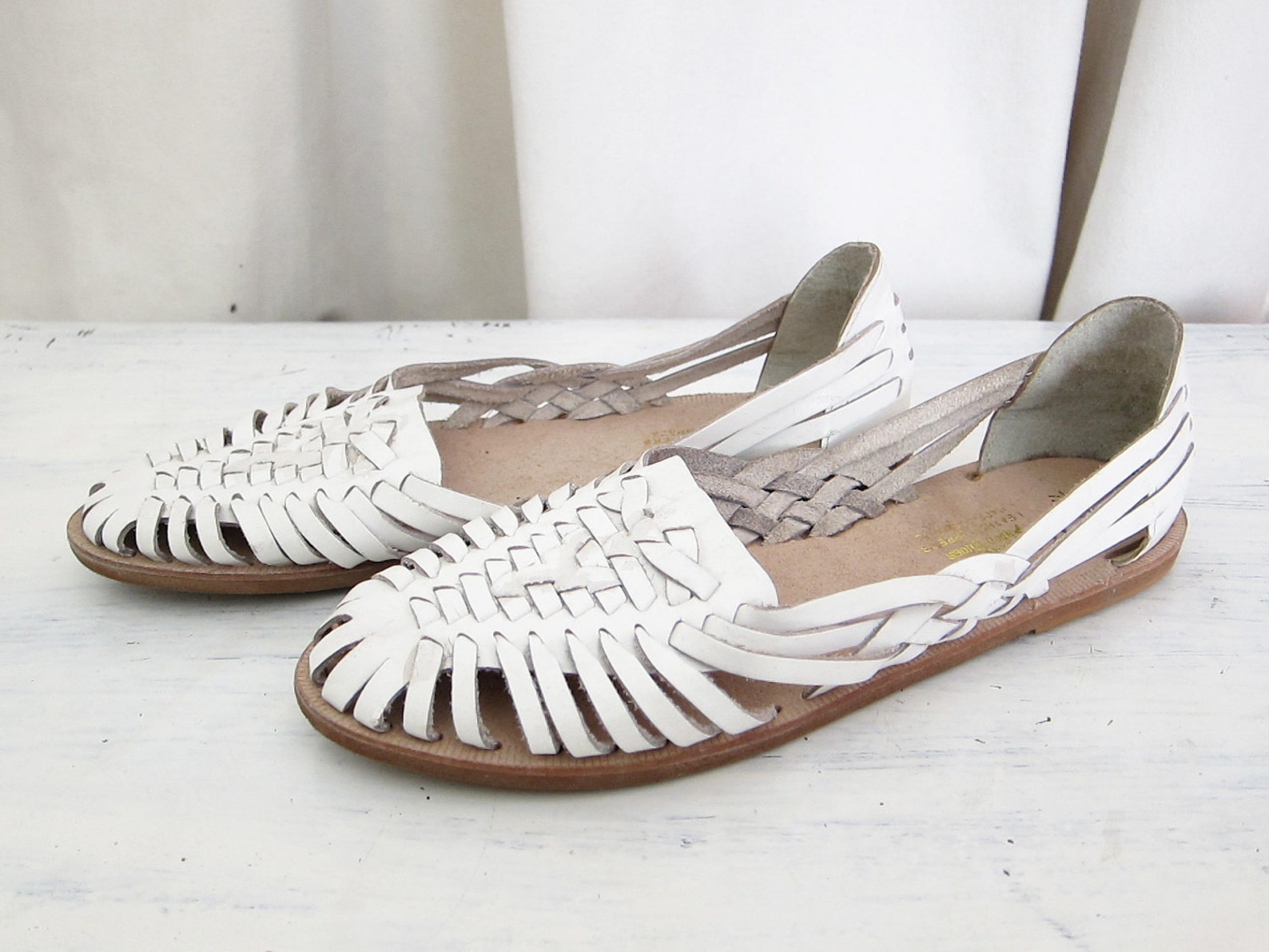 Vintage White Leather Woven Flat Sandals Etsy