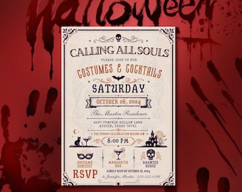 Modèle d'invitation fête Halloween Calling All Souls modifiable, invitation à une fête costumée fantasmagorique imprimable