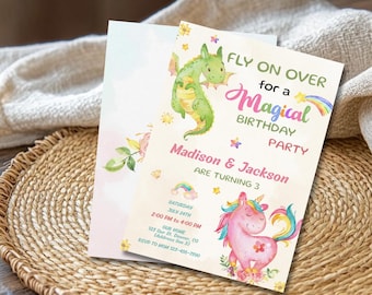 Dragon Unicorn Birthday Invitation Template, Magical Fantasy Boy Girl Party Invite, Editable Kids Birthday Printable