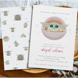 May include: Baby shower invitations featuring a green and tan character in a pod, with the text "precious cargo on its way!". The invitation includes details for a baby shower honoring Abigail Williams.