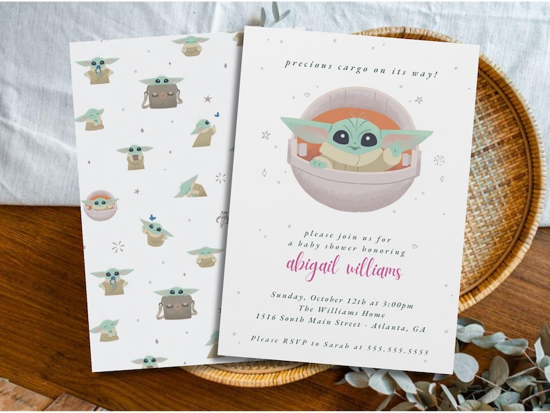 May include: Baby shower invitations featuring a green and tan character in a pod, with the text "precious cargo on its way!". The invitation includes details for a baby shower honoring Abigail Williams.