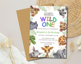Wild One 1st Birthday Invitation Template, Cute Jungle Safari Animal Party Invite, Editable First Birthday Printable