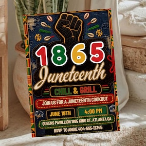 Puede incluir: Un folleto rectangular para un evento de Juneteenth con un gráfico de un puño negro levantado, conchas de cauri y un fondo con textura de mezclilla. El texto incluye 1865, Juneteenth, Chill & Grill, Join us for a Juneteenth cookout, June 19th, 4:00 PM, Queens Pavilion 1865 King St. Atlanta GA, y RSVP to Angie 404-555-12345.