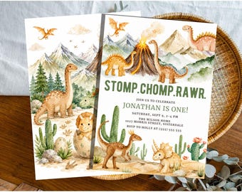 Stomp Chomp Rawr Boy Dinosaur 1st Birthday Invitation Editable Dino First Birthday Party Invite Template