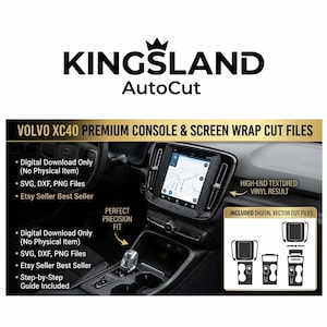 May include: Digital vector cut files for a Volvo XC40 console and screen wrap. The image displays the vehicle interior with a textured vinyl finish, text labels, and a diagram showing the included SVG, DXF, and PNG file components.