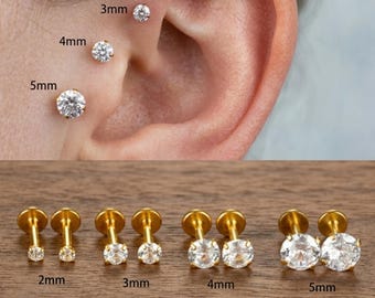 2PC - 16G Titanium Labret Stud Earrings, CZ Crystal Cartilage Piercing, Flat Back Tragus Helix Conch Jewelry, Pair of 16G Studs