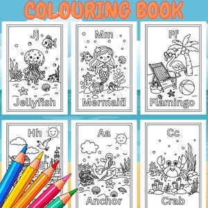 Puede incluir: Un libro para colorear ABC Summer con 26 páginas que presenta dibujos lineales en blanco y negro de criaturas marinas y temas veraniegos como medusas, sirenas, flamencos, anclas y cangrejos, junto a cinco lápices de colores.