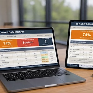 May include: A laptop and tablet displaying a 5S Audit Dashboard with a 74% overall score. The laptop is open, and the tablet is upright. A smartphone rests on the table. The dashboard shows data analysis.