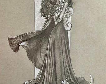 Familiars’, a toned drawing of a sorceress with her feline familiars.