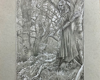 The Lord of the Rings art Tolkien original drawing -  ‘Legolas’ toned drawing