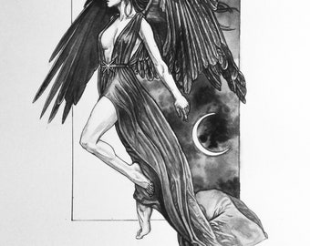 Nyx- Original ink and wash drawing done for a  2022 Inktober list based on Greek gods and goddesses.