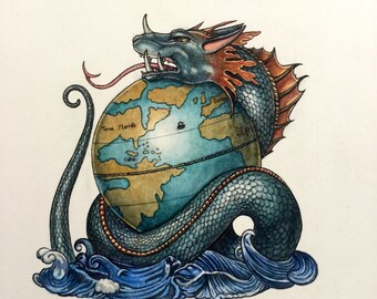 Original Entdecker box art of a Sea serpent and Globe , unique gift for any board game fan or lover of the sea.