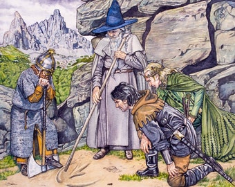 Hobbit inspired print showing the Council of War before the Battle of the Five Armies.Gandalf, Bard, Dain and The Elvenking discuss tactics.