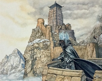Carn Dum, a Giclee Print inspired by Tolkien’s ‘Silmarillion’- the Witch-king of Angmar surveys his realm - perfect gift for a Tolkien fan.