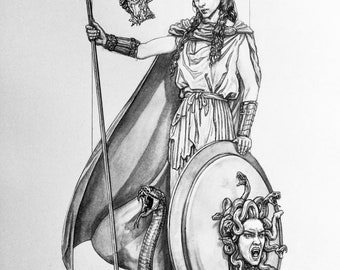 Athena - Original ink and wash drawing done for a  2022 Inktober list based on Greek gods and goddesses.