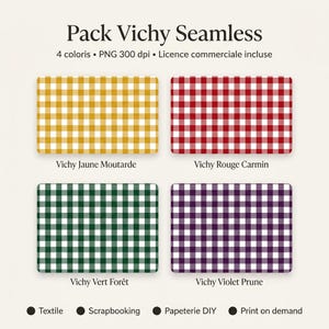 Può includere: Un pacchetto di design digitale intitolato "Pack Vichy Seamless" con quattro motivi gingham senza cuciture in giallo senape, rosso, verde foresta e viola. Il testo indica che il pacchetto è per progetti tessili, scrapbooking, cartoleria fai-da-te e stampa su richiesta.