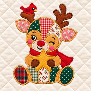 May include: A quilted fabric applique featuring a reindeer with a winking expression, wearing a red scarf and holding a yellow star. The reindeer is decorated with various patterns including red gingham, green stars, and floral prints, with a small red bird perched on its brown antler.