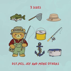 Paquete de 8 diseños de bordado de oso pescador / Oso de peluche pescador + 7 mini iconos de pesca, caña, anzuelo, flotador, caja de aparejos, botas de pesca para lubina