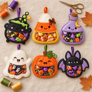 May include: Six felt Halloween treat pouches with clear vinyl windows filled with candy. Designs include a black cauldron, candy corn, purple potion bottle, white ghost, orange pumpkin, and a black bat, each with a hanging loop.