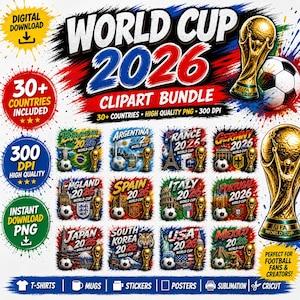 Puede incluir: Un paquete de imágenes prediseñadas digitales para la Copa Mundial de la FIFA 2026, con diseños para más de 30 países. Incluye archivos PNG de alta calidad a 300 DPI. Contiene balones de fútbol, trofeos y monumentos nacionales. Ideal para camisetas, tazas, pegatinas y carteles.