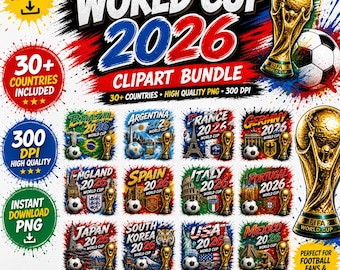 May include: A digital clipart bundle for the 2026 World Cup, featuring designs for over 30 countries. Includes high-quality PNG files with 300 DPI. Designs include soccer balls, trophies, and country-specific landmarks. Perfect for T-shirts, mugs, stickers, and posters.