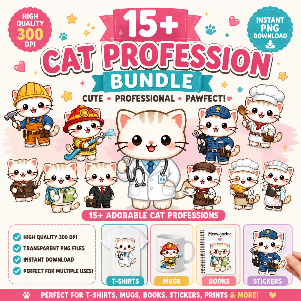 Kawaii Cat Professions Clipart Bundle | Animal Jobs PNG Stickers ...