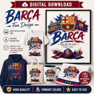 Puede incluir: Un diseño gráfico de descarga digital con la marca del FC Barcelona, incluyendo el escudo del club, el estadio Camp Nou, un balón de fútbol y una bufanda. El diseño muestra el texto "Barça", "Més que un club" y "Since 1899" con estilo de salpicaduras.
