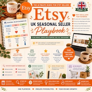 Op de afbeelding: Een Etsy UK Seasonal Seller Playbook-gids met kalender, tips en SEO-advies. Bevat een laptop, koffiemok en planner, met het Etsy-logo prominent aanwezig. De gids biedt inzichten voor het maximaliseren van de verkoop.